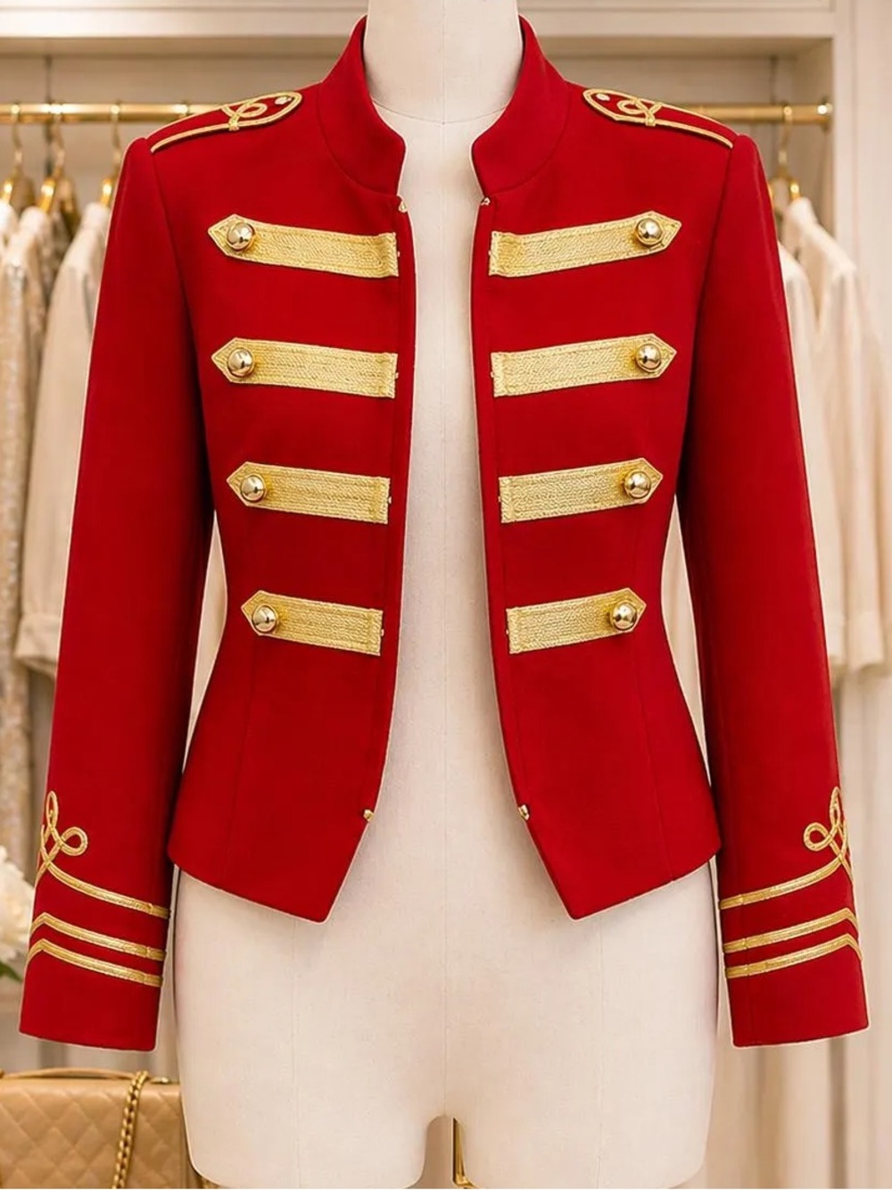 Red Military-Style Women's Cropped Jacket with Gold Trim - Picture 3 of 3